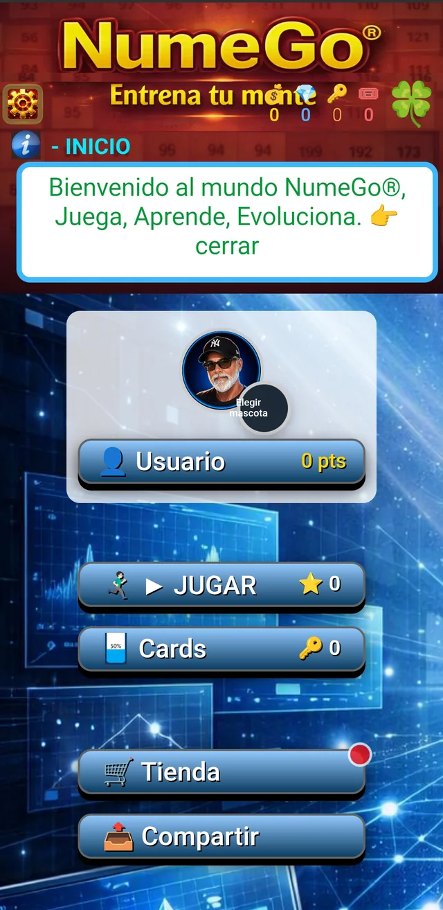 Pantalla de inicio actual de NumeGo que muestra JUGAR, Cards, Tienda y Compartir
