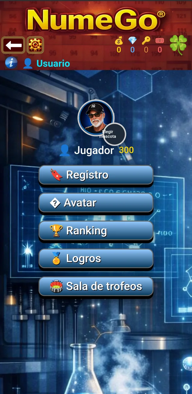 Pantalla de usuario real de NumeGo con Registro, Avatar, Ranking, Logros y Sala de trofeos