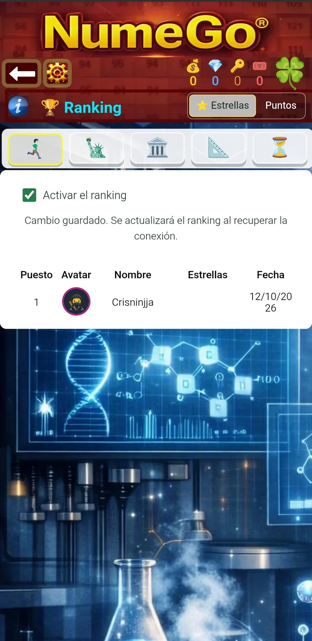Pantalla real de ranking de NumeGo con categorías Estrellas y Puntos